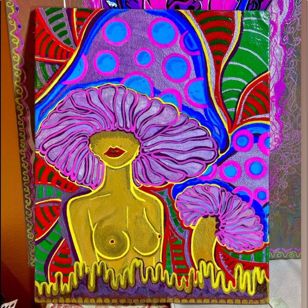 “Lady Mushroom Garden” acrylic painting glazed to a glass look- By: Yasmeen Ru